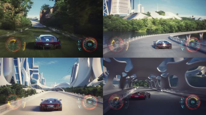 4K，假的3D视频游戏。乌托邦城市赛车假游戏与HUD。