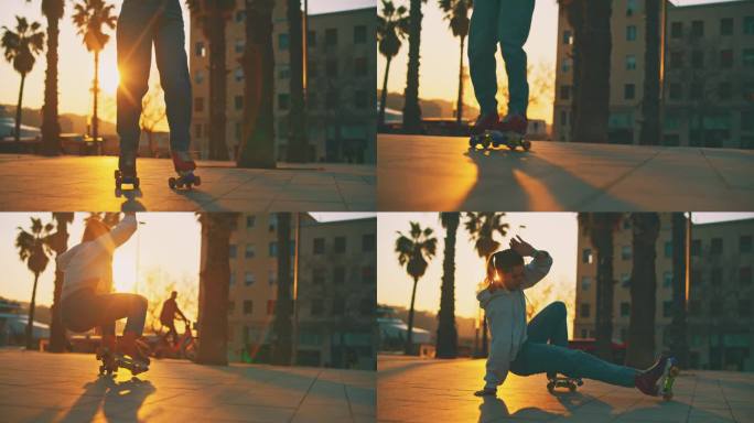 酷酷的年轻女人穿着溜冰鞋表演魔术。一个熟练的溜冰者在户外玩得开心。她在城里。