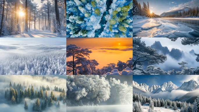 冬天雪凇山林雾海雪山森林冬日冰雪风光
