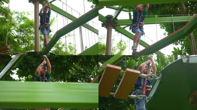 亚洲孩子在户外操场上玩滑索秋千和其他活动。户外学习和快乐的理念