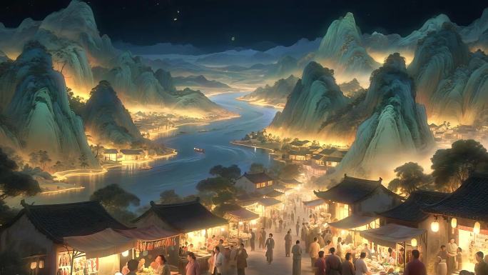 国风水墨千里江山图山水间的繁华夜市