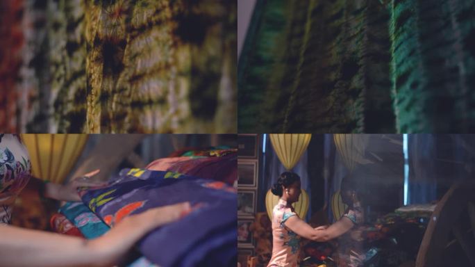 旗袍女子挑选丝绸 扎染技艺