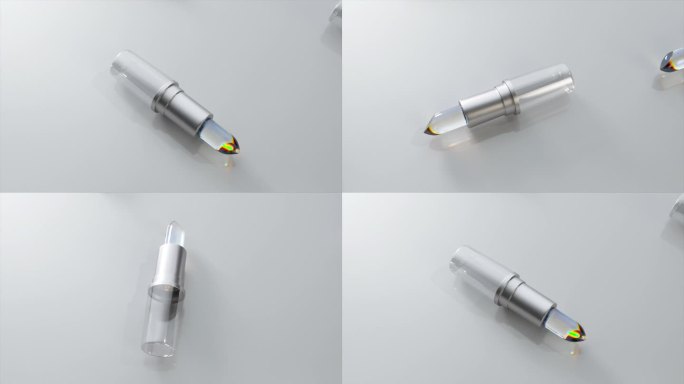 精致的水晶口红在银色包装中顺滑滑动，展现出光滑现代的设计，衬托出洁白背景下优雅的化妆美学。