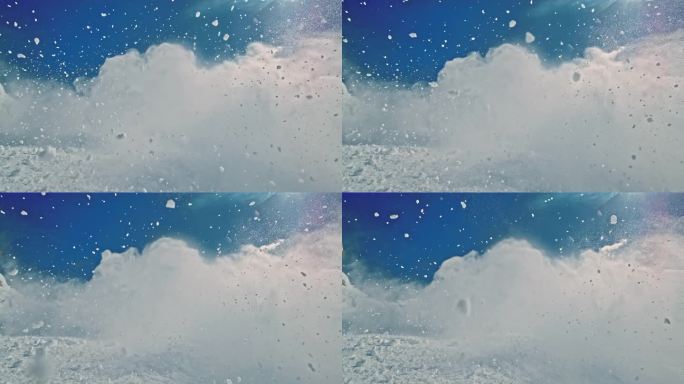 空中雪花飞溅的超级慢动作时空扭曲。雪山在阳光明媚的日子。探索自然。