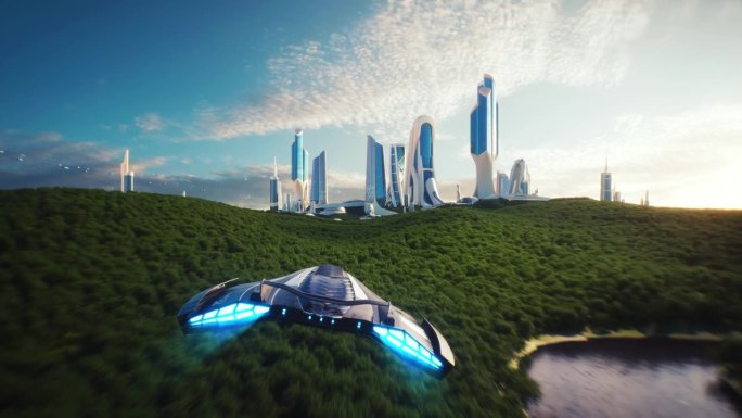 4K，假的3D视频游戏。乌托邦城市飞船假游戏