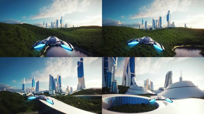 4K，假的3D视频游戏。乌托邦城市飞船假游戏