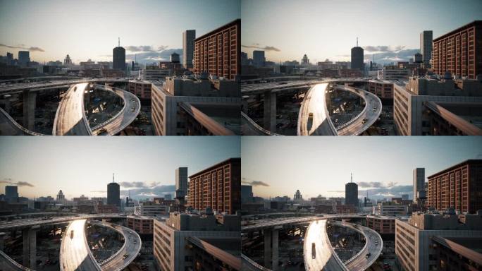 黎明时分大城市的十字路口。大城市道路上的汽车交通。