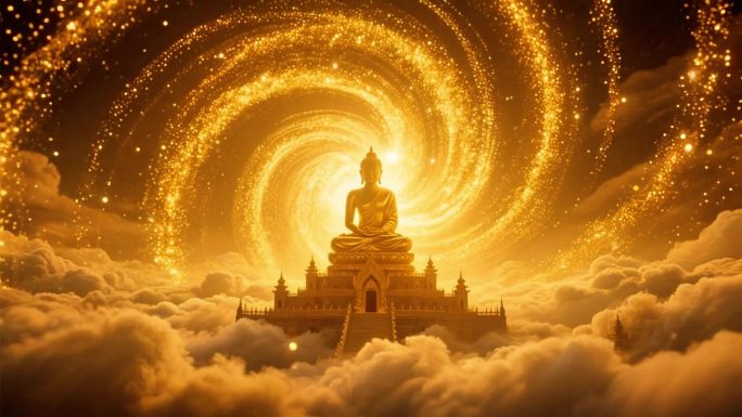 【精品】如来佛祖金色佛像光环普照佛光禅意