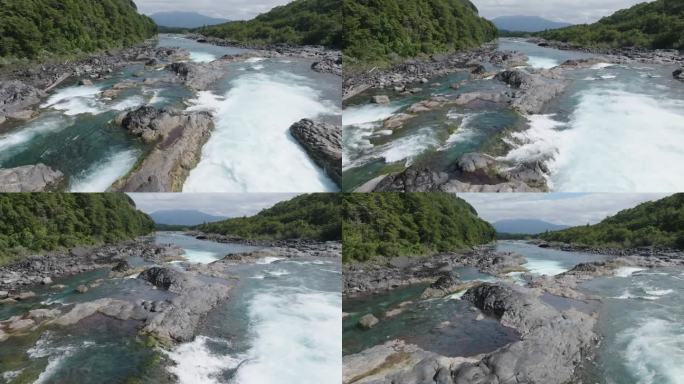 野河的鸟瞰图，岩石和急流交错。