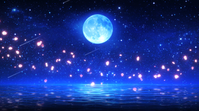 8k唯美梦幻星空水面月亮花瓣舞台背景