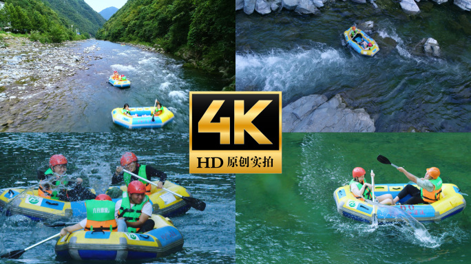 清凉夏天避暑年轻人游玩漂流划船玩水打水仗