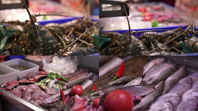 潮汕海鲜排档的各式生鲜海鲜龙虾鱼类海产品