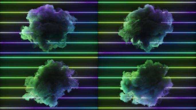 抽象的概念。绿蓝色的云在彩色霓虹灯线的背景下旋转。渐变。3d动画