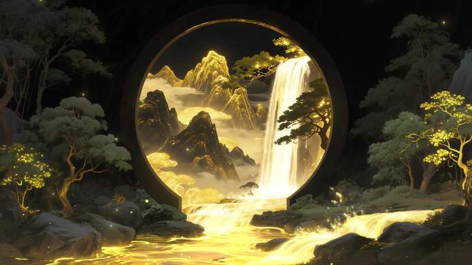 中式金色山水瀑布意境视频