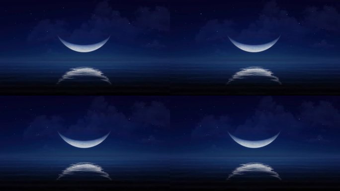 镜面上的大半月，星光灿烂的夜空