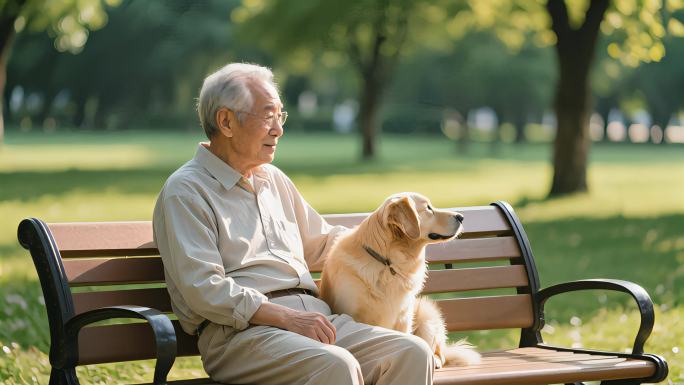 老人宠物狗公园长椅温馨陪伴养老生活