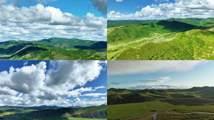 航拍高山草原蓝天白云延时