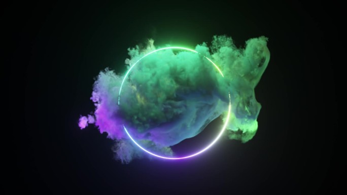 抽象的概念。在孤立的黑色背景上被霓虹灯环照亮的云。发光的几何图形。