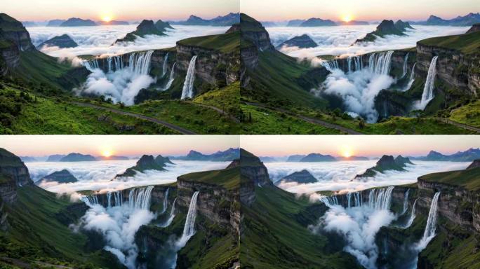 云雾缭绕山间瀑布飞流壮美山河云海日出景
