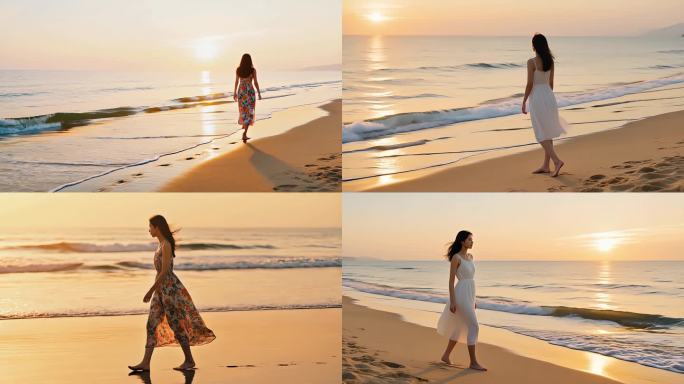 美女海边夕阳下的浪漫漫步唯美海滩日落剪影