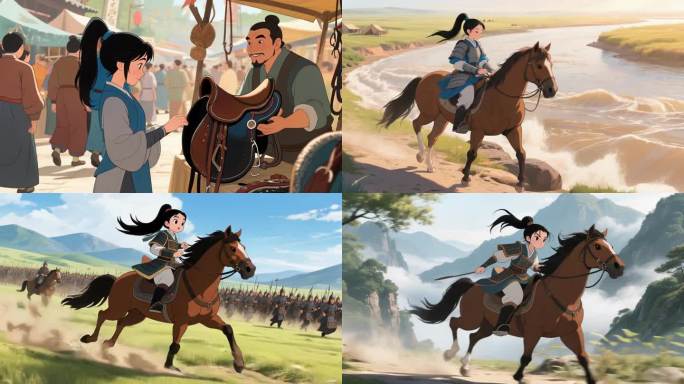 古代女将骑马征战，巾帼英雄驰骋沙场
