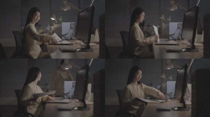 职场女性深夜加班 整理文件