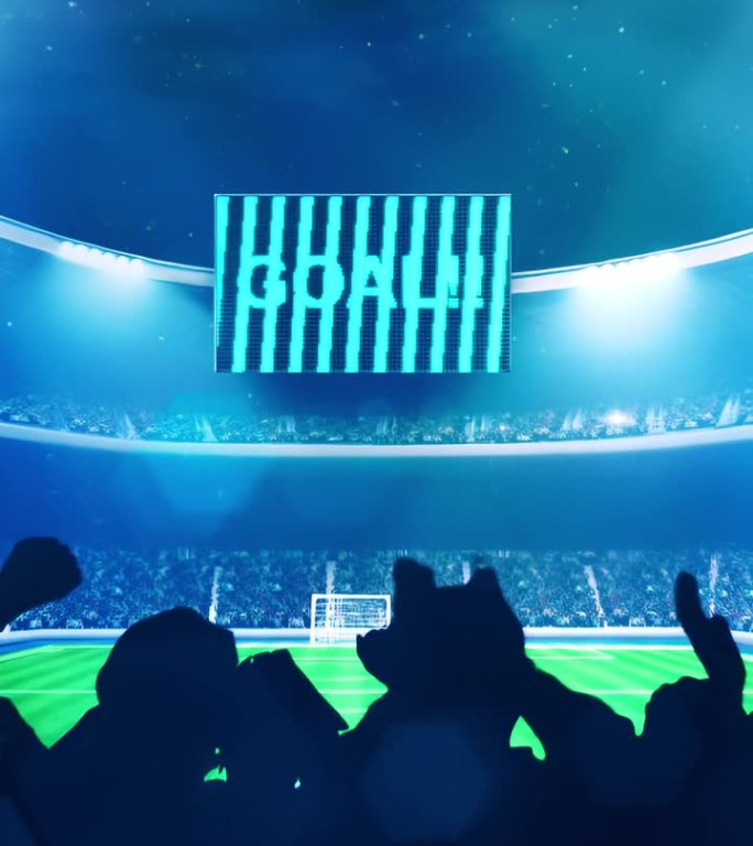 足球场有欢呼的观众和明亮的显示屏显示“GOAL”文字动画