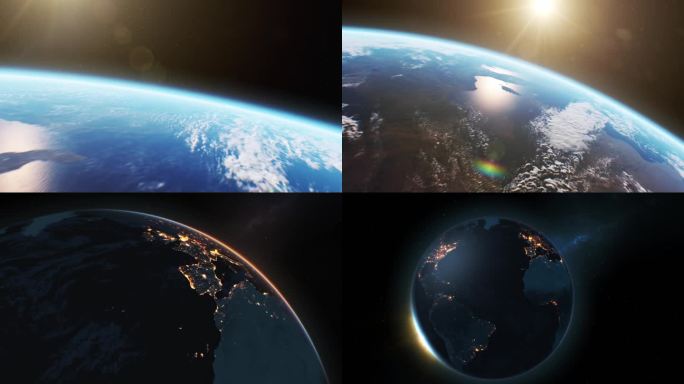 从地球到太阳的美丽太空飞行。蓝色星球与云和夜晚的城市灯光在日落时发光缩放3d动画。从地球飞向宇宙和恒