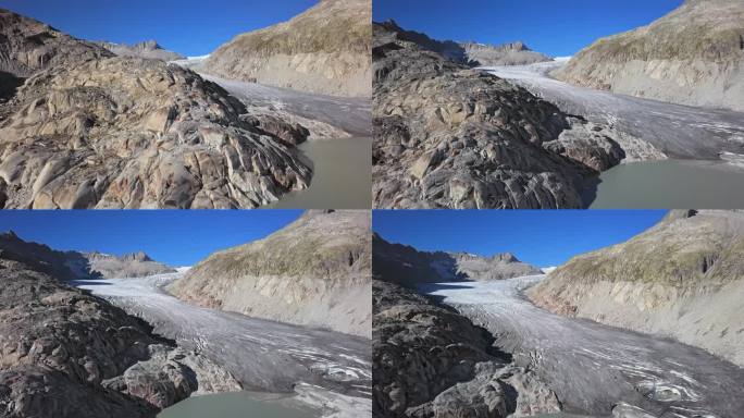 罗纳冰川(Rhonegletscher)的航拍全景，靠近弗尔卡山口，瓦莱州，瑞士。从30帧每秒加速2