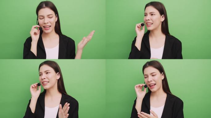 年轻女性经济学家在工作室中解释某些内容。背景为绿色，独立拍摄。