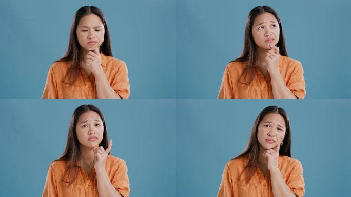 困惑，女人和思考的问题在工作室，蓝色的背景和规划模型。记住，为什么好奇的人会怀疑信息、记忆或背景中有