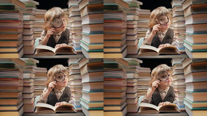 小研究员在图书馆用放大镜看书。可爱聪明的学龄前儿童在玩耍，用乐器学习知识