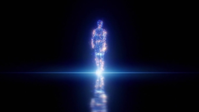数字人蓝橙色点行走，抽象黑暗的网络空间与明亮的光线。人工智能漂亮的插图。神经网络Avatar 3d动