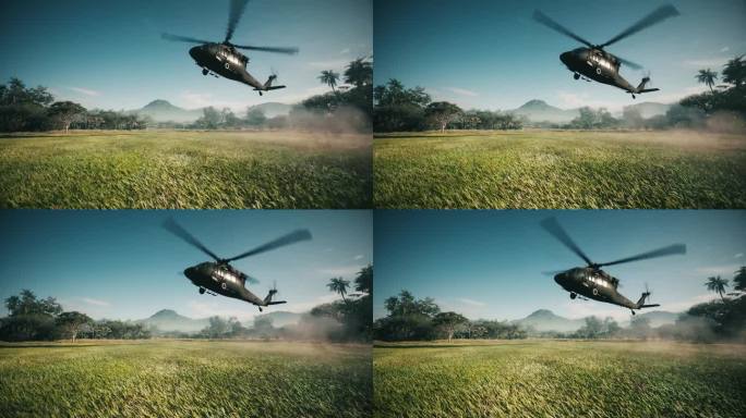 军用直升机降落在丛林里