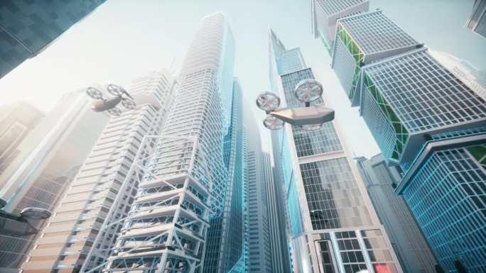 出租车在城市中飞行。拥有飞行汽车的未来城市