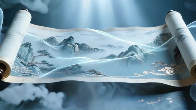 古风卷轴画卷 中国风水墨山水意境舞台背景
