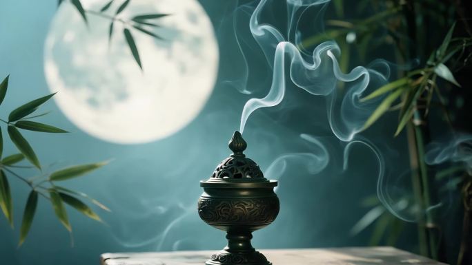 香道 香炉烟雾缭绕月夜 莲花绽放禅意静谧