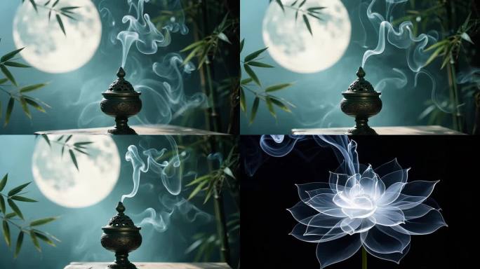 香道 香炉烟雾缭绕月夜 莲花绽放禅意静谧