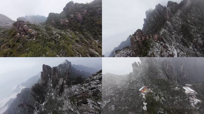 江西上饶三清山云雾缭绕的山峰景观穿越机