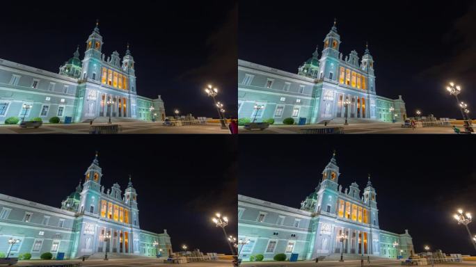 夜间照明马德里市著名的阿尔穆德纳大教堂前广场全景延时4k西班牙