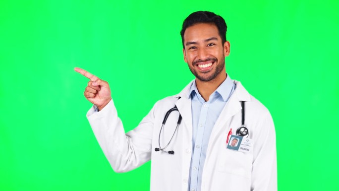 广告，医生用手势表示计划，绿屏显示名单。营销或演示，公告或列表和男性外科医生点的医疗保健信息与模型空