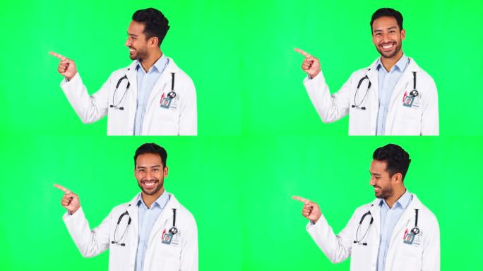 广告，医生用手势表示计划，绿屏显示名单。营销或演示，公告或列表和男性外科医生点的医疗保健信息与模型空