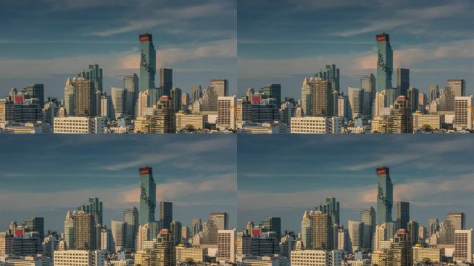 阳光明媚的晚上曼谷市中心著名的现代摩天大楼屋顶全景4k延时泰国
