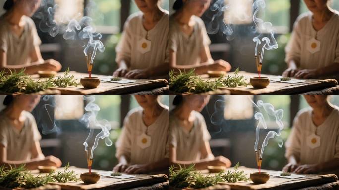 女人点燃线香袅袅青烟养生禅意慢生活