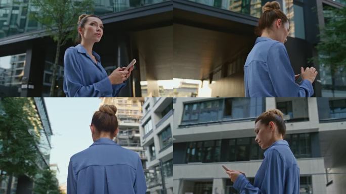 一名女子在现代市区使用手机应用程序查找位置。