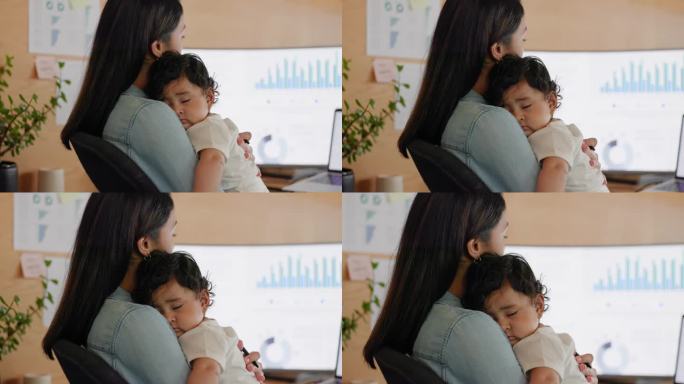 妇女，婴儿和笔记本电脑与睡眠远程工作的图表，统计或财务报告。母亲，儿童或婴儿电脑与图表，审计和阅读会
