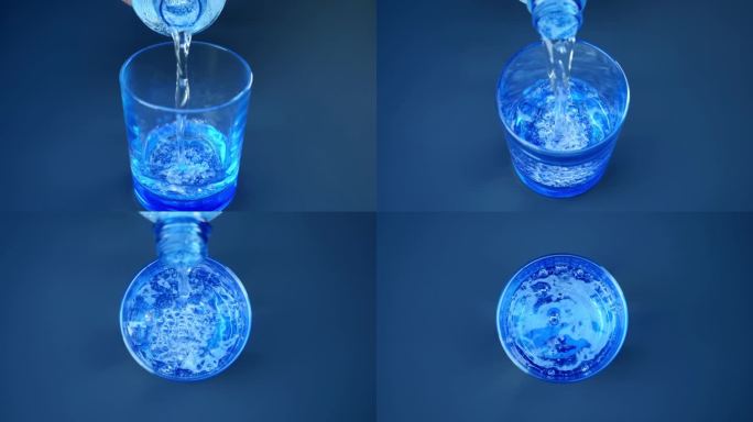 干净的、闪闪发光的、新鲜的苏打水从塑料瓶倒进玻璃杯里