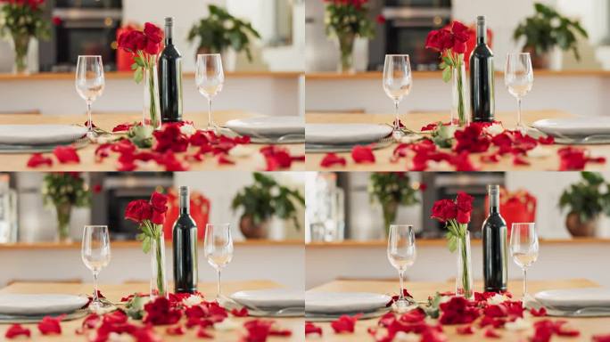 空桌子，酒杯和玫瑰为爱，浪漫和情人节的背景在家里。装饰，豪华玻璃器皿和香槟或酒精饮料的周年纪念，约会