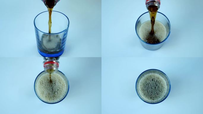清爽甜美的碳酸水从塑料瓶倒进玻璃杯