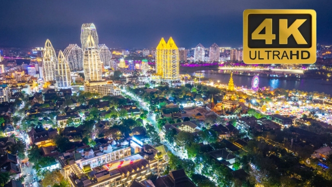 云南西双版纳星光夜市航拍延时夜景